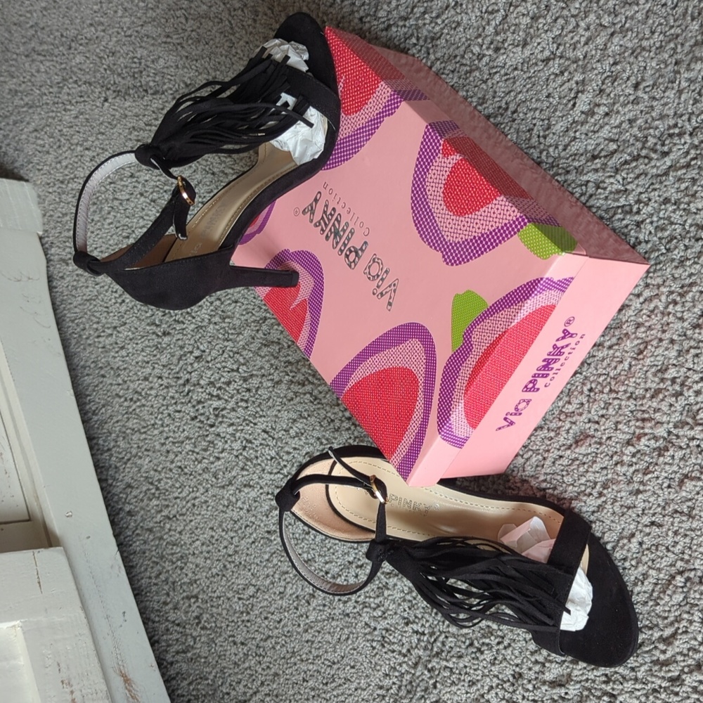 New in box, never worn, size 6, Black Fringe heels.  Via Pinky Collection